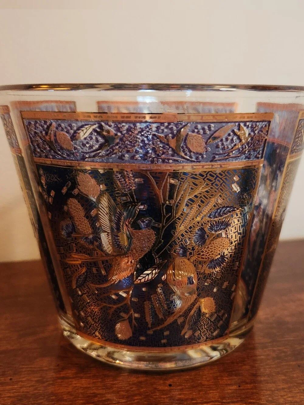 Vintage 1970s Houze Art Glass Pheasant Ice Bucket, Blue Gold Purple Cranberry 6